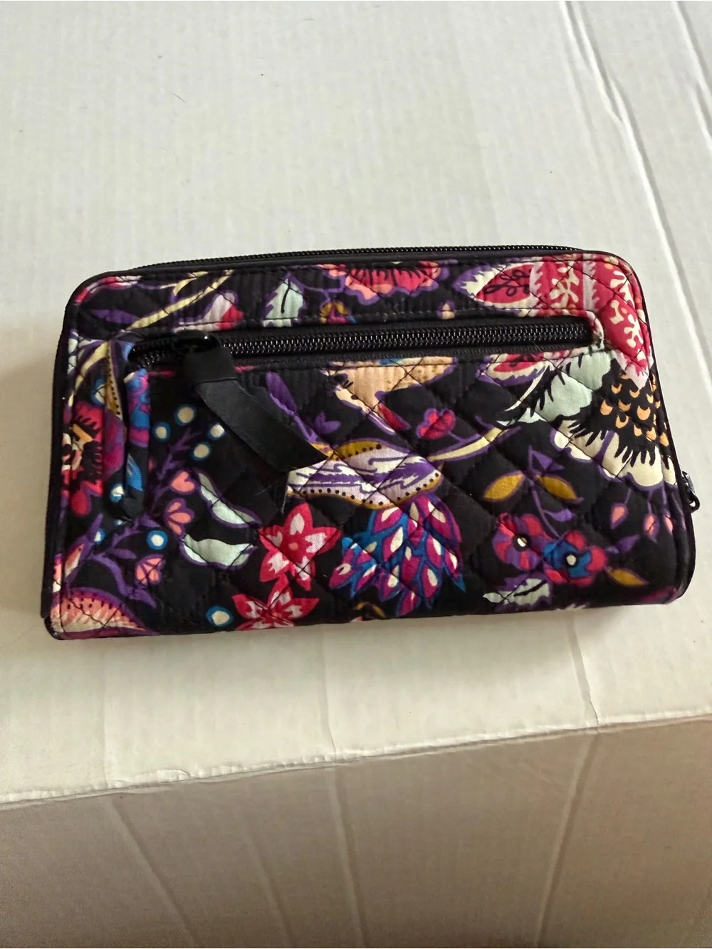 Vera Bradley Black Quilted Floral Snap Wallet with Multicolor Blooms